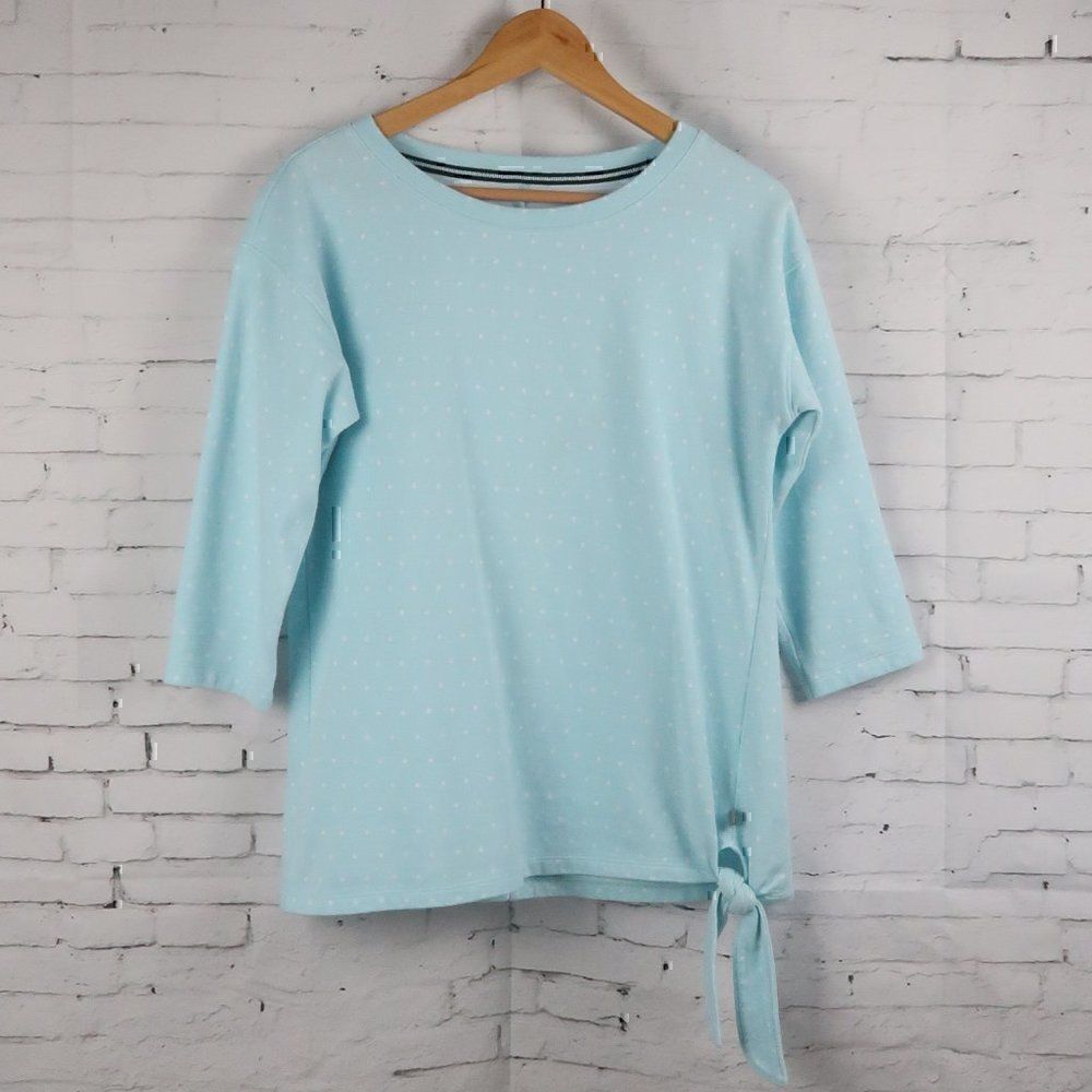 BLUE WITH WHITE POLKA DOT 3/4 SLEEVE ROUND NECK SHIRT WITH SIDE TIE SIZE MEDIUM